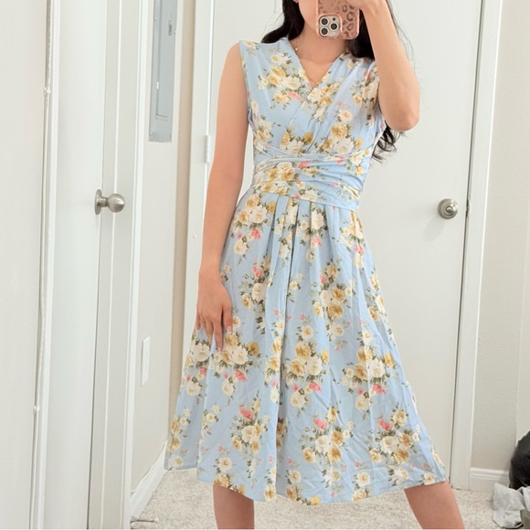 #076 | Floral Wrap Waist Midi Dress | Light Blue | S | Ribbon Pockets - Picture 5 of 8